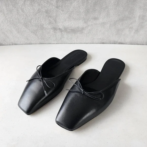 Everlane Ballet Mule Flats Womens Size 9 Leather Black Square Toe Shoes Bow NIB - Picture 5 of 13